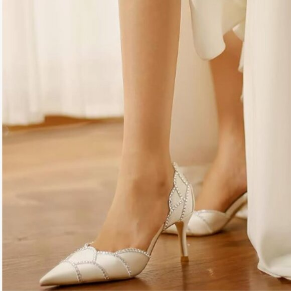 XYD White Satin Crystal Studs Pointed Toe Petal Curve Slip On Wedding Pump - Picture 1 of 8